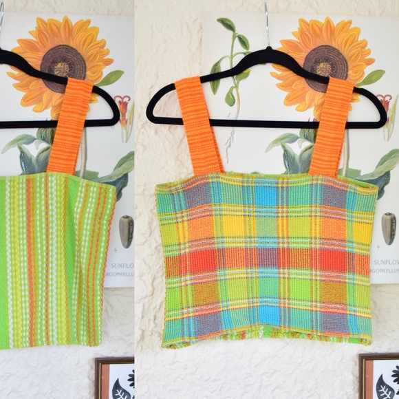 Vintage Tops - handmade chartreuse green orange teal vintage towel tank crop top (S)